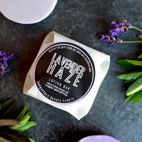 This Lavender Haze Lotion Bar. will elevate your skincare routine by incorporating a natural Lotion bar. It's made by Badgerface Beauty Supply