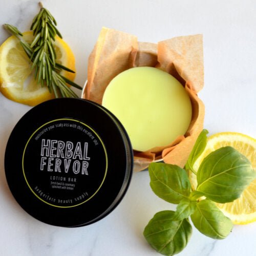 This Herbal Fervor Lotion Bar. will elevate your skincare routine by incorporating a natural Lotion bar. It's made by Badgerface Beauty Supply