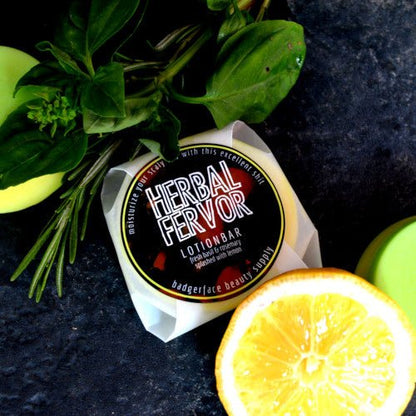 This Natural Lemon Basil Lotion Bar. will elevate your skincare routine by incorporating a natural Lotion bar. It's made by Badgerface Beauty Supply