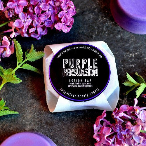 This Purple Persuasion Lotion Bar. will elevate your skincare routine by incorporating a natural Lotion bar. It's made by Badgerface Beauty Supply