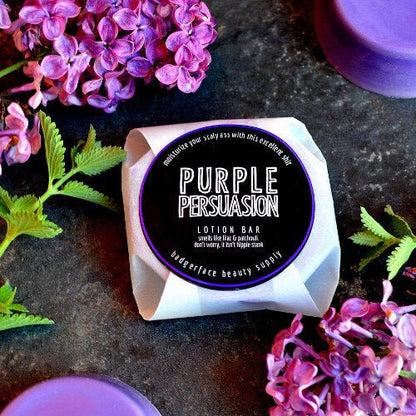 This Purple Persuasion Lotion Bar. will elevate your skincare routine by incorporating a natural Lotion bar. It's made by Badgerface Beauty Supply