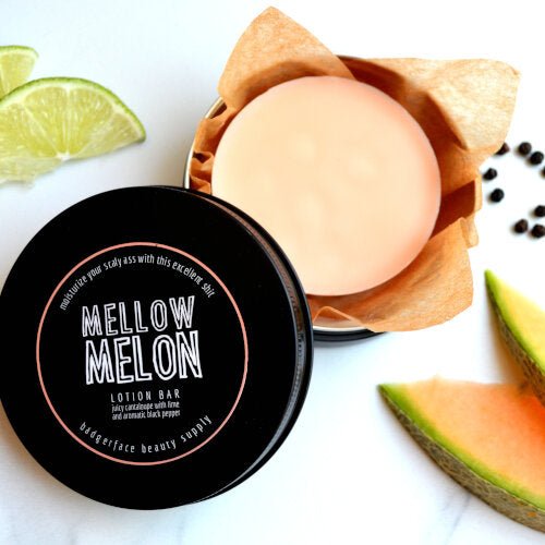 This Mellow Melon Lotion Bar. will elevate your skincare routine by incorporating a natural Lotion bar. It's made by Badgerface Beauty Supply