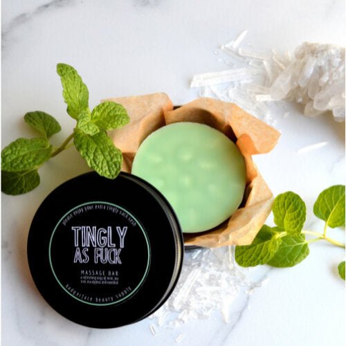 This Tingly as Fuck Massage Bar. will elevate your skincare routine by incorporating a natural Lotion bar. It's made by Badgerface Beauty Supply