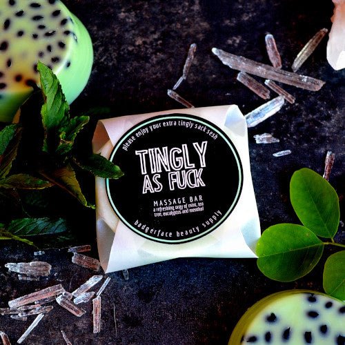This Tingly as Fuck Massage Bar. will elevate your skincare routine by incorporating a natural Lotion bar. It's made by Badgerface Beauty Supply
