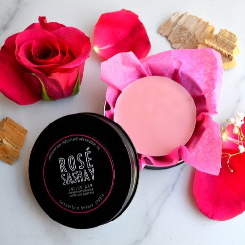 This Rosé Sashay Lotion Bar. will elevate your skincare routine by incorporating a natural Lotion bar. It's made by Badgerface Beauty Supply