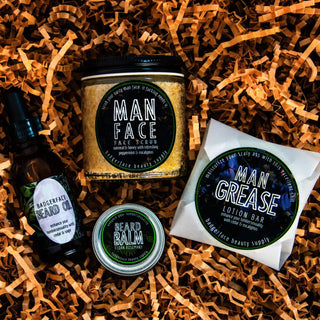 Men's skincare products like face scrub, beard oil, and lotion bar fill this DILF gift set.