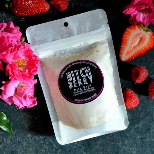 This Bitchberry Milk Bath. will elevate your skincare routine by incorporating a natural Milk bath. It's made by Badgerface Beauty Supply
