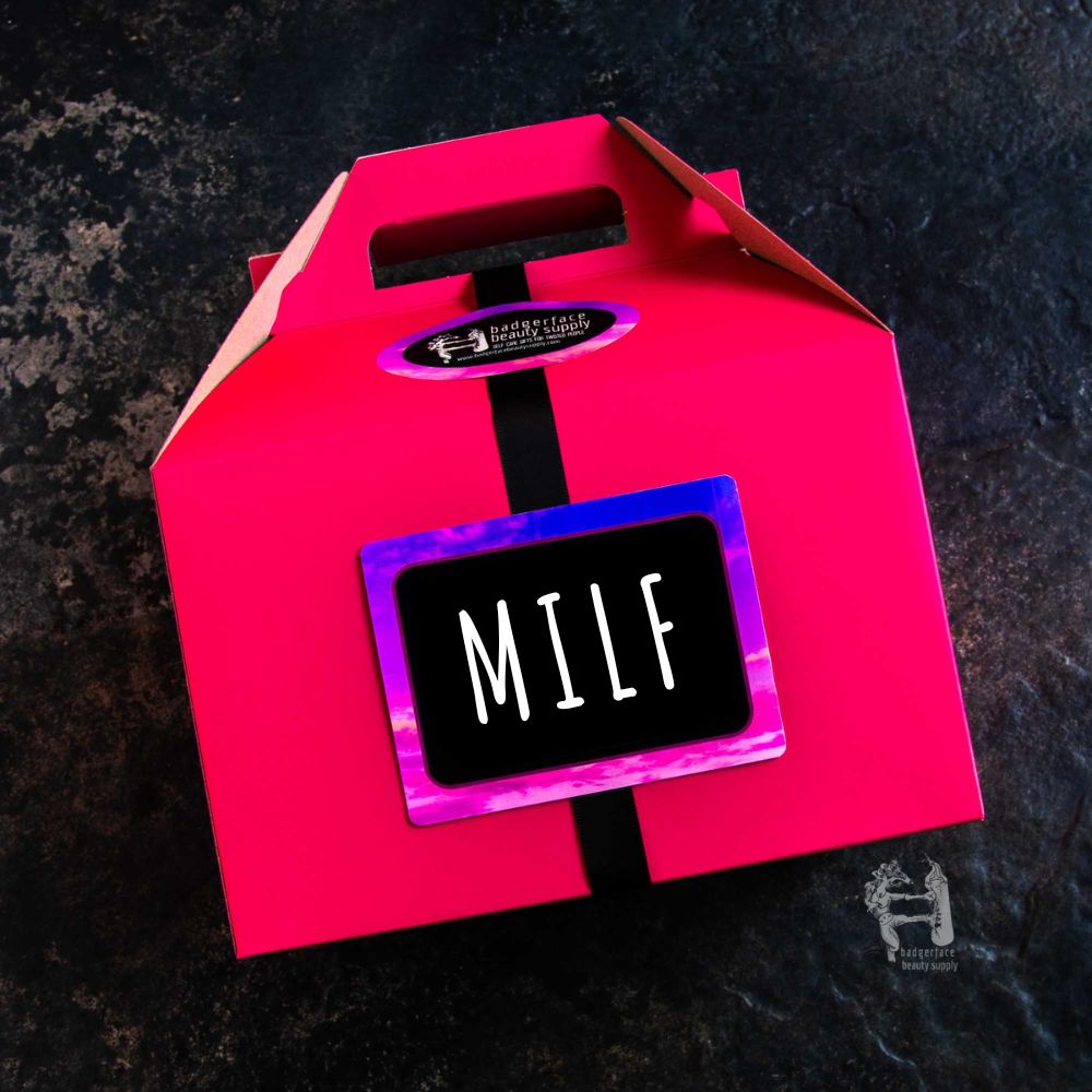 The label on this self care gift for new moms reads "MILF," and it's full of quality natural bath products.