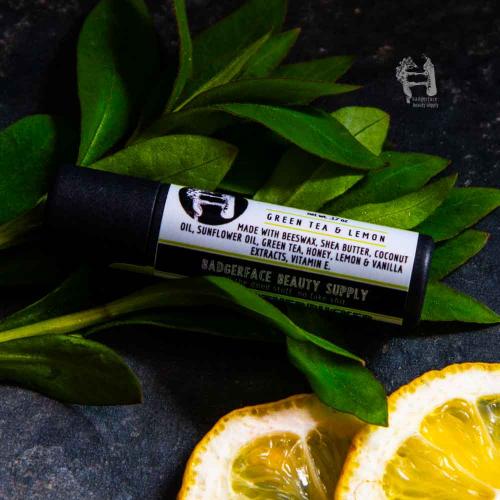 This Natural Green Tea Lip Balm. will elevate your skincare routine by incorporating a natural Lip balm. It's made by Badgerface Beauty Supply