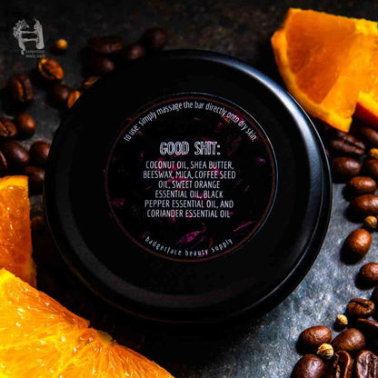 Coffee lotion bar ingredients include coconut oil, shea butter, and coffee seed oil.