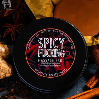 Our spicy massage bar is made with warming spices, beeswax, and coconut oil.