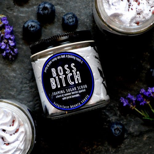 This Boss Bitch Foaming Sugar Scrub. will elevate your skincare routine by incorporating a natural Sugar scrub. It's made by Badgerface Beauty Supply