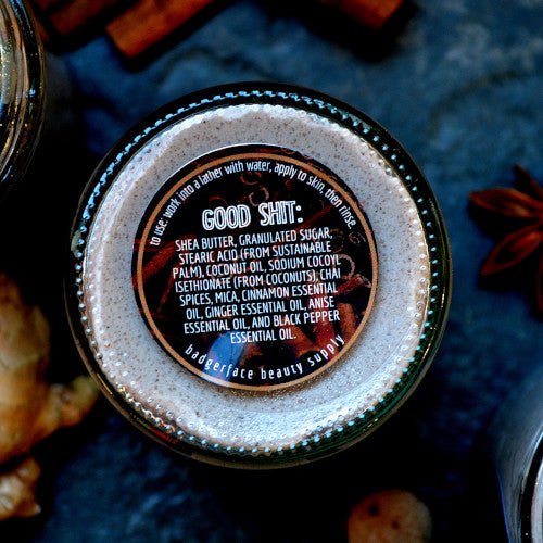 This Spicy Fucking Sugar Scrub. will elevate your skincare routine by incorporating a natural Sugar scrub. It's made by Badgerface Beauty Supply