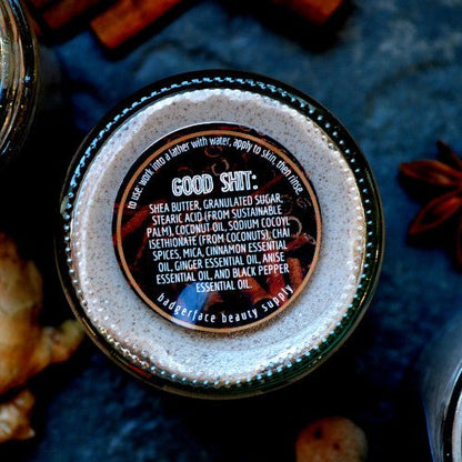 This Spicy Fucking Sugar Scrub. will elevate your skincare routine by incorporating a natural Sugar scrub. It's made by Badgerface Beauty Supply
