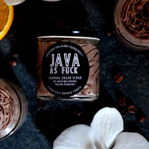 This Java as Fuck Foaming Sugar Scrub. will elevate your skincare routine by incorporating a natural Sugar scrub. It's made by Badgerface Beauty Supply
