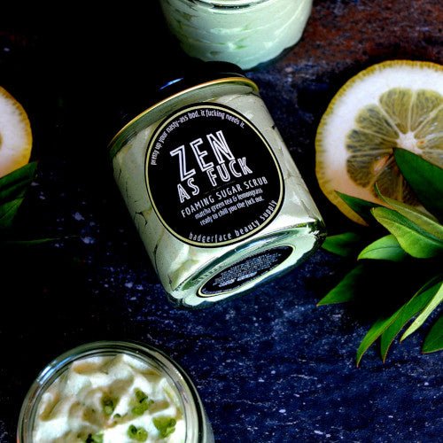 This Zen as Fuck Foaming Sugar Scrub. will elevate your skincare routine by incorporating a natural Sugar scrub. It's made by Badgerface Beauty Supply