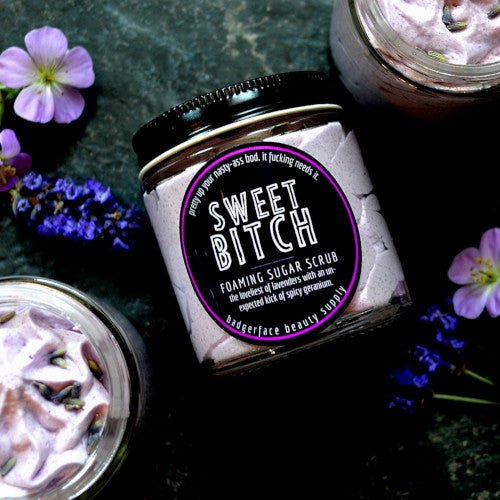 This Sweet Bitch Foaming Sugar Scrub. will elevate your skincare routine by incorporating a natural Sugar scrub. It's made by Badgerface Beauty Supply