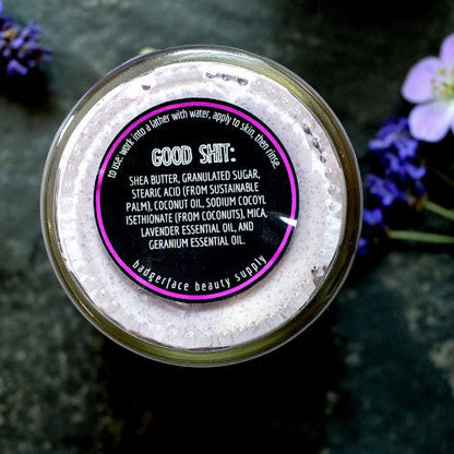 This Sweet Bitch Foaming Sugar Scrub. will elevate your skincare routine by incorporating a natural Sugar scrub. It's made by Badgerface Beauty Supply