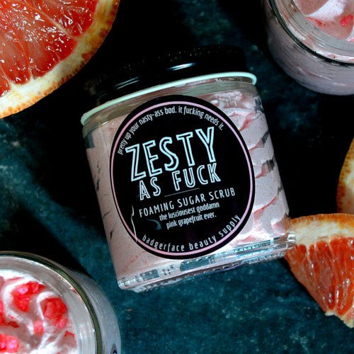 This Zesty as Fuck Foaming Sugar Scrub. will elevate your skincare routine by incorporating a natural Sugar scrub. It's made by Badgerface Beauty Supply