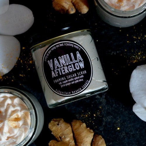 This Vanilla Afterglow Foaming Sugar Scrub. will elevate your skincare routine by incorporating a natural Sugar scrub. It's made by Badgerface Beauty Supply