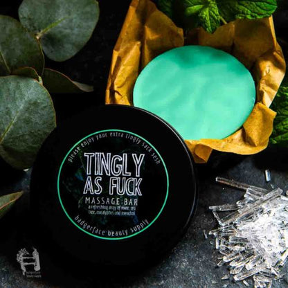 This tingly massage bar is made with natural ingredients by Badgerface Beauty Supply.