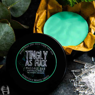 This tingly massage bar is made with natural ingredients by Badgerface Beauty Supply.