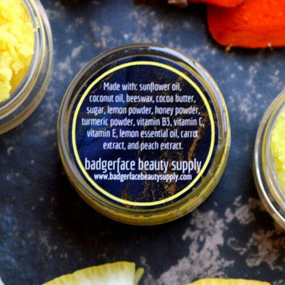 This Brightening Turmeric Lip Scrub. will elevate your skincare routine by incorporating a natural Glowface. It's made by Badgerface Beauty Supply