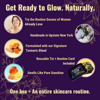 Our turmeric skincare set includes face toner, lotion, serum, mask, scrub, cleanser, and night balm.