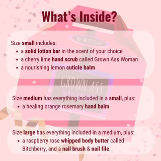 This women empowerment gift box includes a whole array of natural body care products, all handmade and cruelty-free! Choose size large to get all five products.