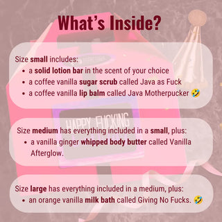 What's inside this birthday gift for best friend? If you choose size large, you'll get all five natural bath & body products inside!