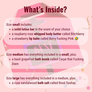 This funny best friend gift includes five luscious all natural bath products when you select the large option.