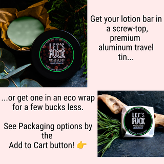 This travel-friendly massage oil bar is packaged in a screw-top aluminum travel tin... or a zero-waste eco wrap for a few bucks less.