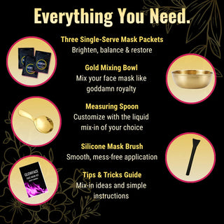 What’s included in the Glowface mask kit? Three masks, mixing bowl, measuring spoon, applicator brush and tips guide.