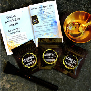 Our turmeric face mask kit contains everything you need: mixing bowl, measuring spoon, and applicator brush, plus three face mask packets and instructions.