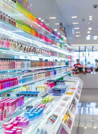 A regular drugstore's beauty section is shown in this colorful distance shot.